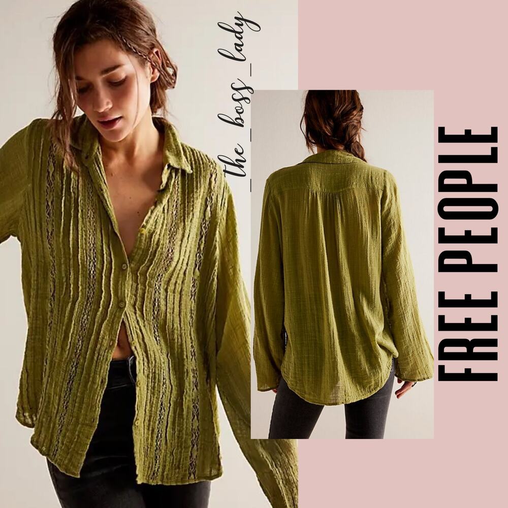 SOLD -D- Free People button-down shirt XS floral eyelet lace boho top cotton - Picture 1 of 10